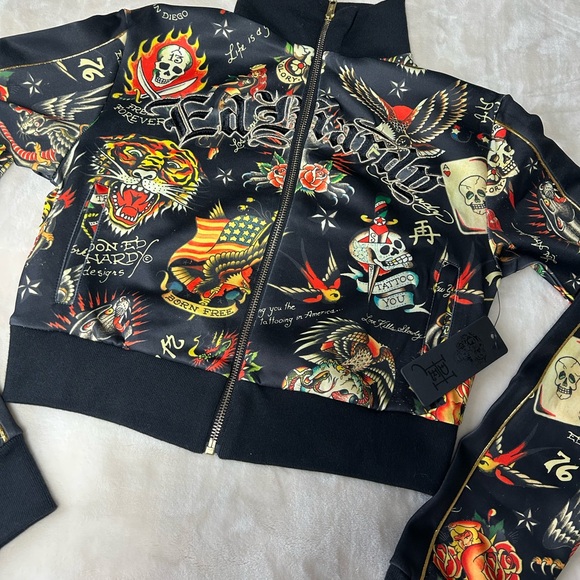 New ED HARDY SHRUNKEN CROPPED FLASHBOARD BLACK TRACK JACKET -WOMENS SMALL - Picture 2 of 14